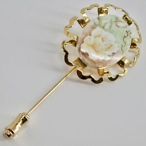 Gold Tone Flower Stick Pin Ruffle Metal Frame Vintage Rose Transfer Appliqué 3"